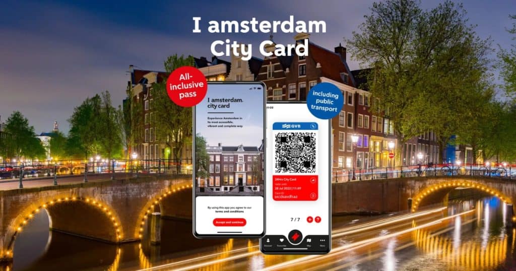 I Amsterdam Card promo image with app on phone, and Amsterdam canals on the background. Is the I Amsterdam Card Worth it to buy?